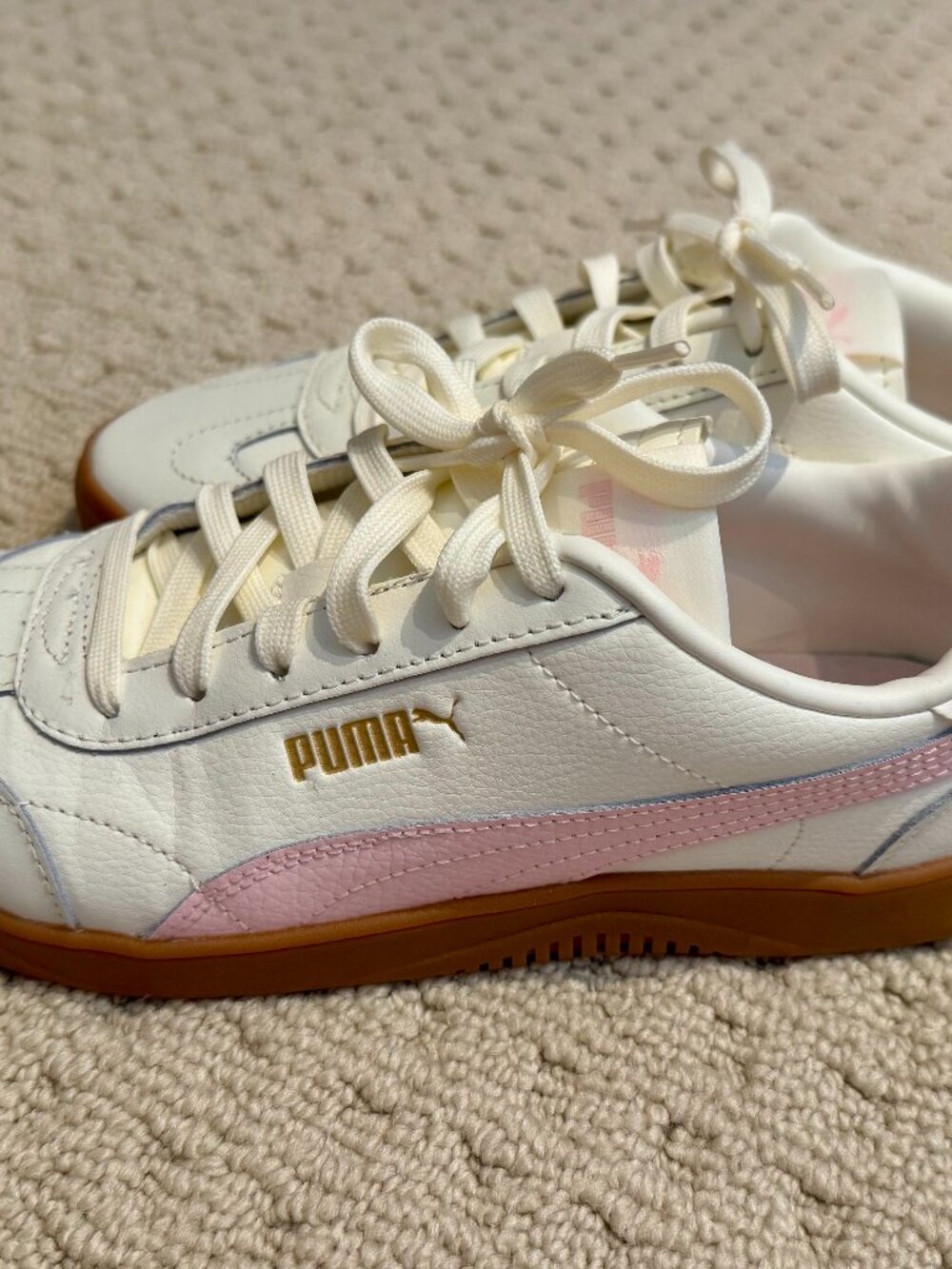Puma White Leather Sneakers with Pink Stripe and Gum Sole
